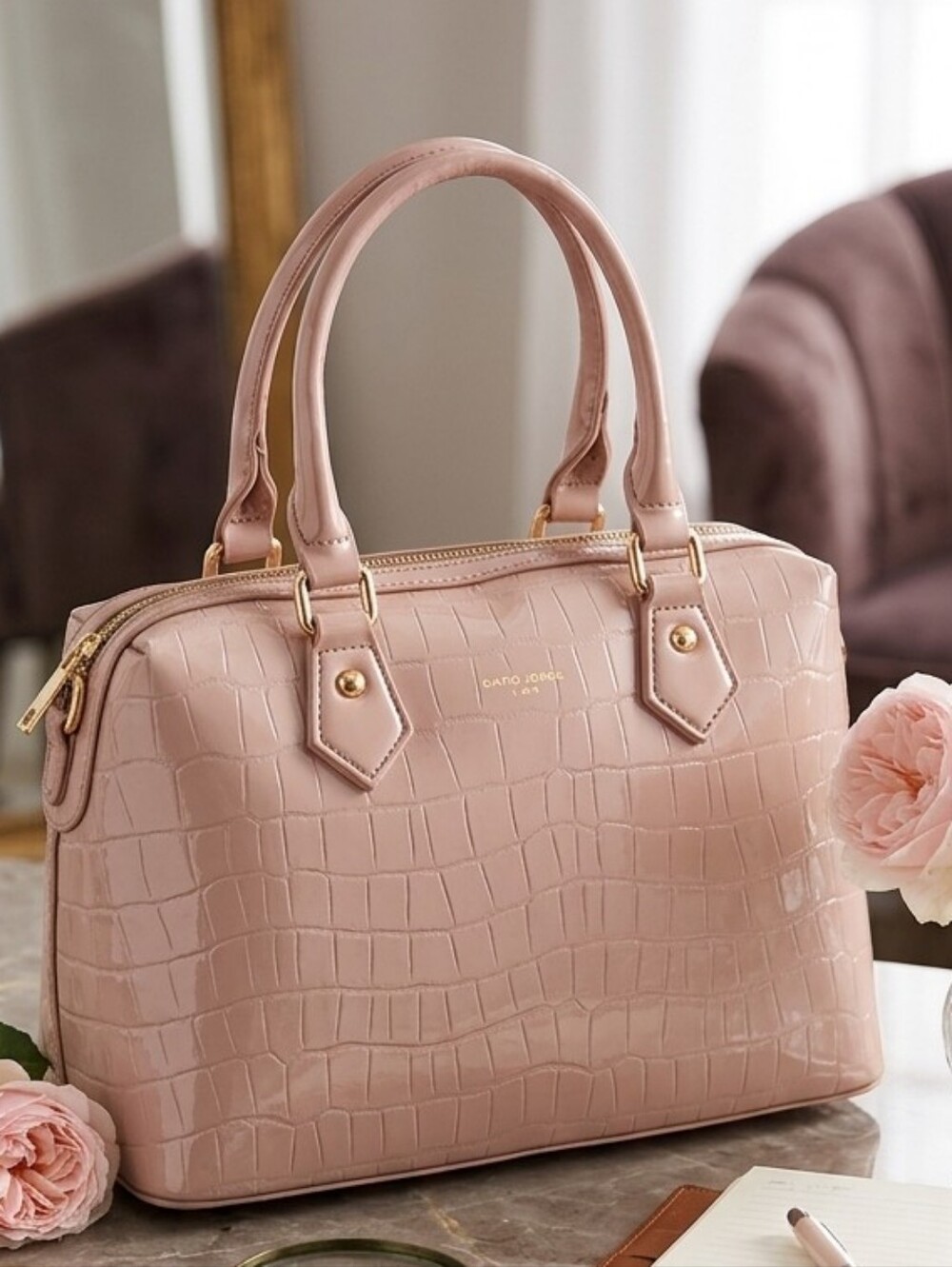 David Jones Paris Women's Pink Patent Leather Embossed Croc Shoulder Handbag
